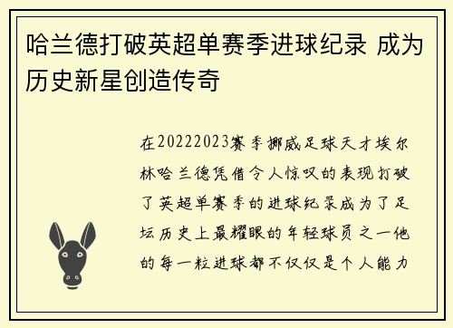 哈兰德打破英超单赛季进球纪录 成为历史新星创造传奇