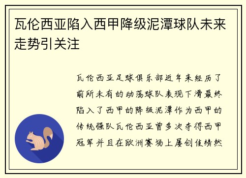 瓦伦西亚陷入西甲降级泥潭球队未来走势引关注