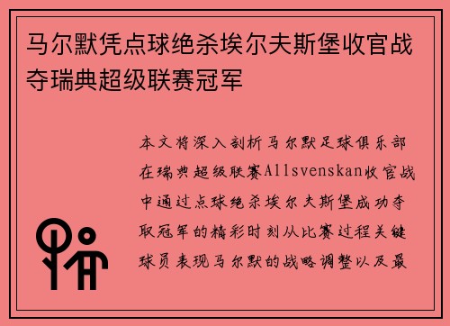 马尔默凭点球绝杀埃尔夫斯堡收官战夺瑞典超级联赛冠军